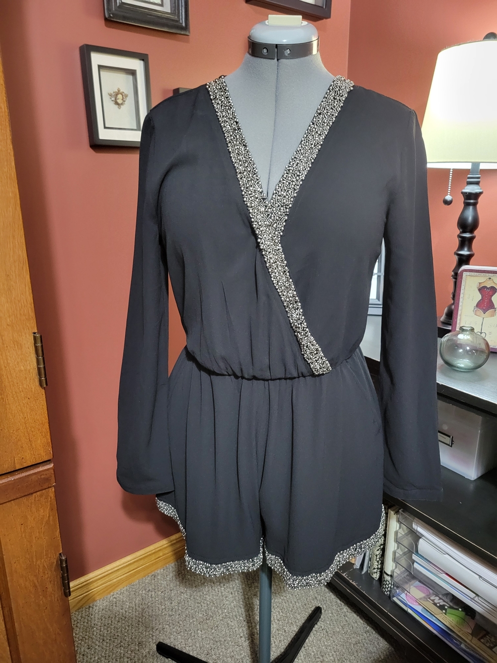 Astr Black Long-Sleeve Beaded Trim Romper